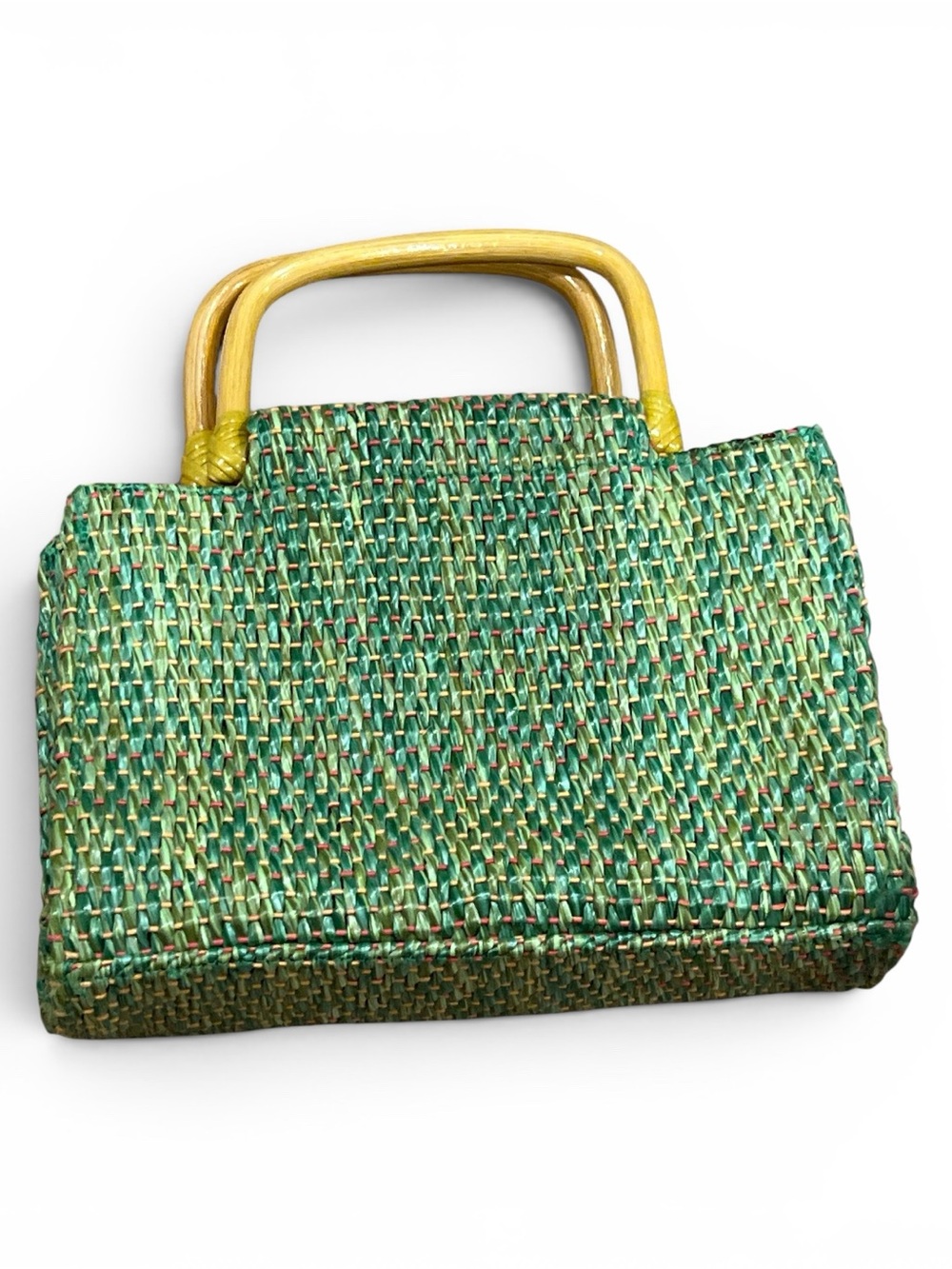 Fossil Forever Woven Green Straw Tote with Yellow Handles